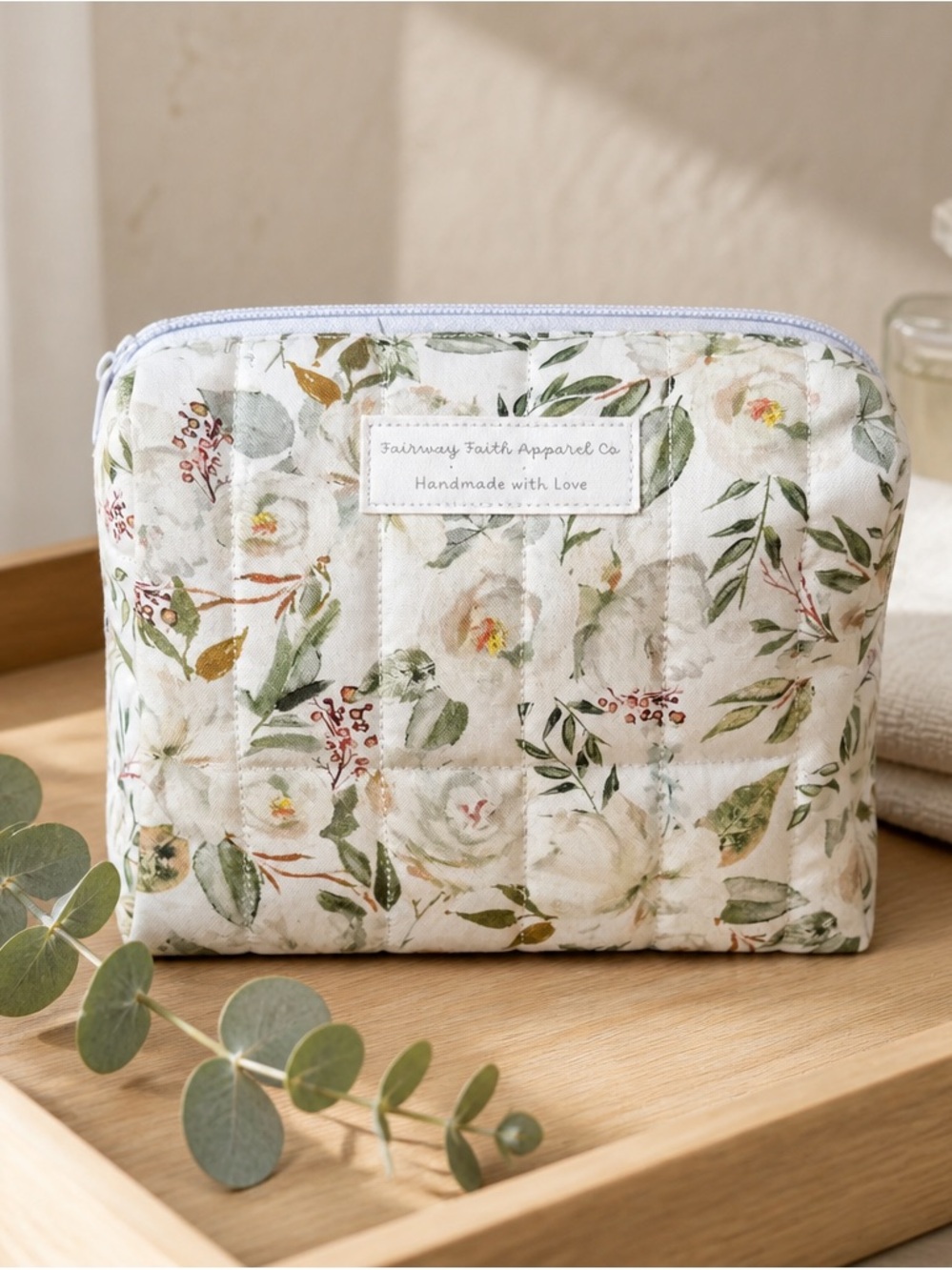 Quilted Floral Makeup Pouch in Cream & Green